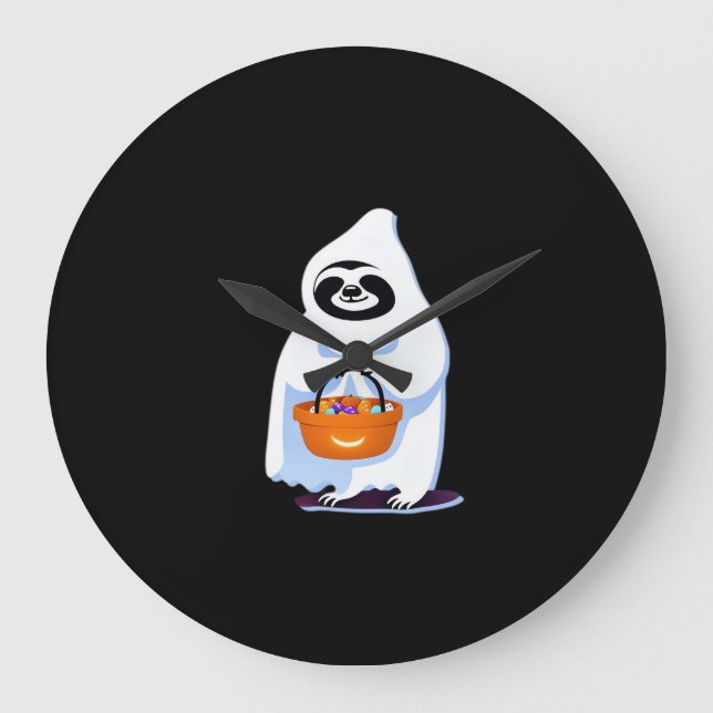 Halloween-Faultier als Geist verkleidet beim Trick Große Wanduhr (Vorderseite)