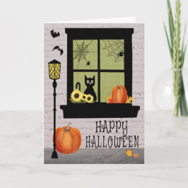 Halloween-Fenster mit Schwarzer Katze und Kürbisku Karte