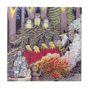 Halloween-Feuer mit Bären und Schokoladenkuchen Fliese