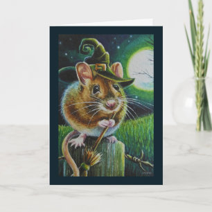Halloween Field Mouse Broom Watercolor Art Karte