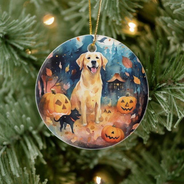 Halloween Finnischer Lappund mit Pumpkins Beängsti Keramik Ornament (Baum)