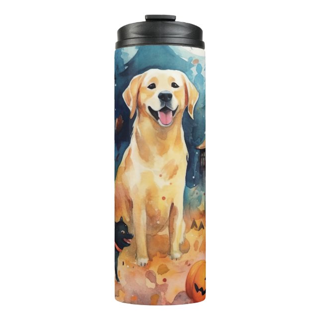 Halloween Finnischer Lappund mit Pumpkins Beängsti Thermosbecher (Vorderseite)