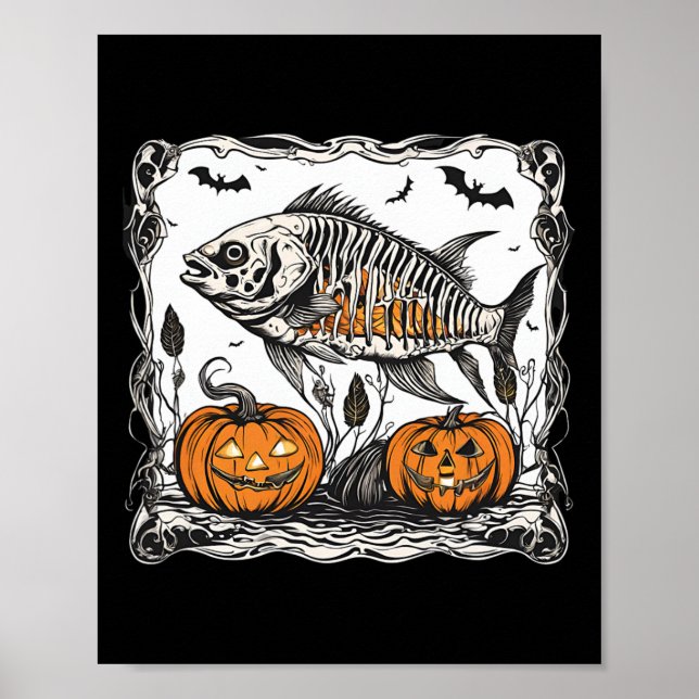 Halloween Fish Skeleton Funny Spooky Fish Bone Gra Poster (Vorne)