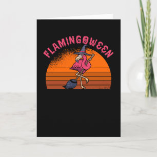Halloween Flamingo Flamingoween Hexe Broom Retro Karte