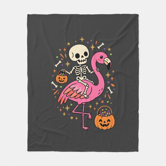 Halloween Flamingo Skelett Candy Eimer Vektor De Fleecedecke (Vorderseite)