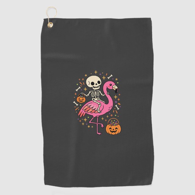 Halloween Flamingo Skelett Candy Eimer Vektor De Golfhandtuch (Vorderseite)