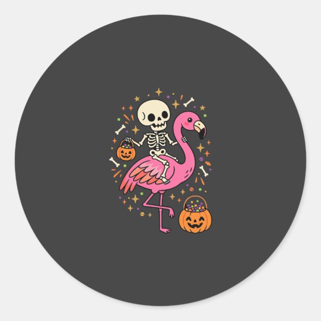 Halloween Flamingo Skelett Candy Eimer Vektor De Runder Aufkleber (Vorderseite)