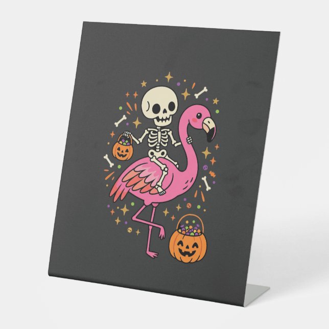 Halloween Flamingo Skelett Candy Eimer Vektor De Sockelschild (Vorderseite)