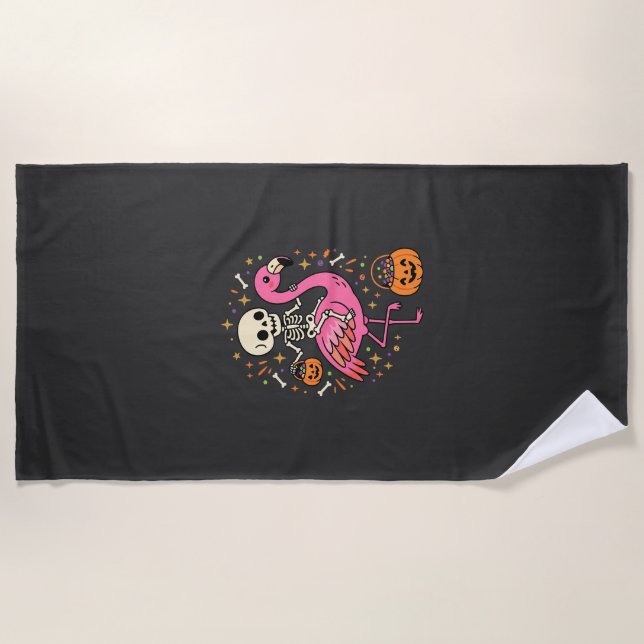 Halloween Flamingo Skelett Candy Eimer Vektor De Strandtuch (Vorderseite)