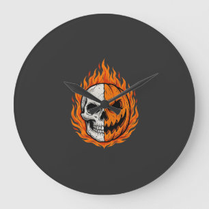 Halloween Flammender Totenschädel Kürbis gespalten Große Wanduhr