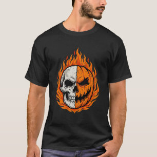 Halloween Flammender Totenschädel Kürbis gespalten T-Shirt