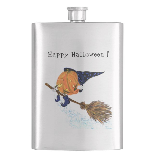 Halloween Flasch Pumpkin Flying Broom Flachmann (Vorderseite)