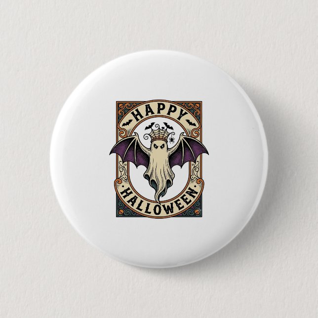 Halloween-Fledermaus-Geist Vintage-Stich-Shirt_1 Button (Vorderseite)