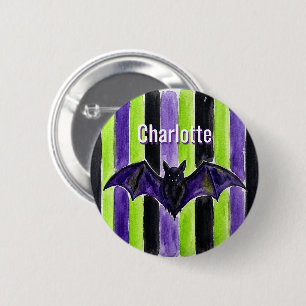 Halloween-Fledermaus Grün und Lila Streifen Knopf Button