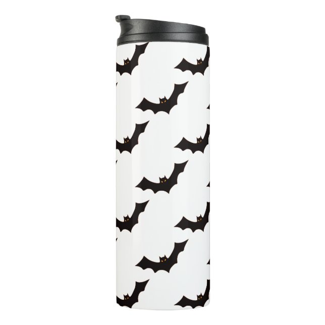Halloween, Fledermausmuster, Trick oder Trete, Boo Thermosbecher (Nach rechts gedreht)