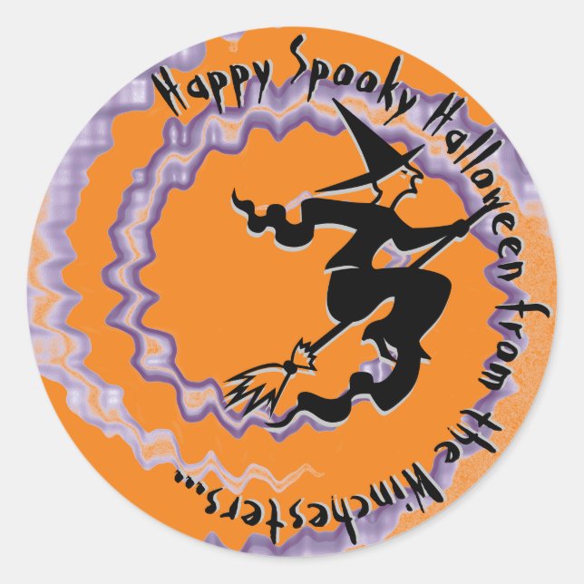 Halloween Fliegender Hexenzauber Text orange Runder Aufkleber (Vorderseite)