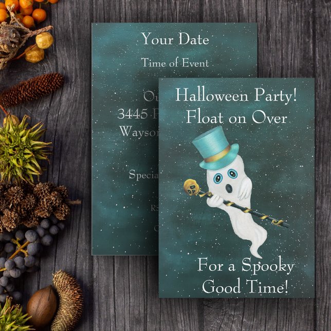 Halloween Floating Ghost Top Hat Skull Cane Sky Einladung (Cute silly floating ghost top hat gold skull cane on night sky Halloween party invitations.)