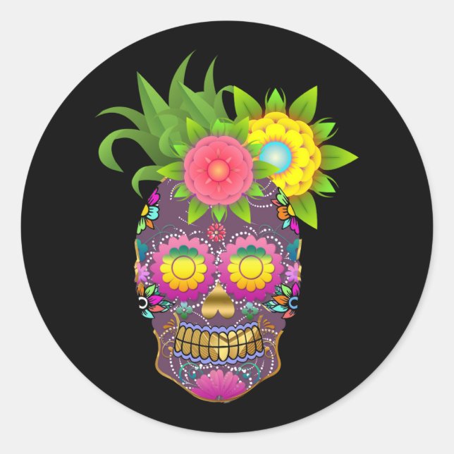 Halloween Floral Sugar Skull Classic Round Sticker (Vorderseite)