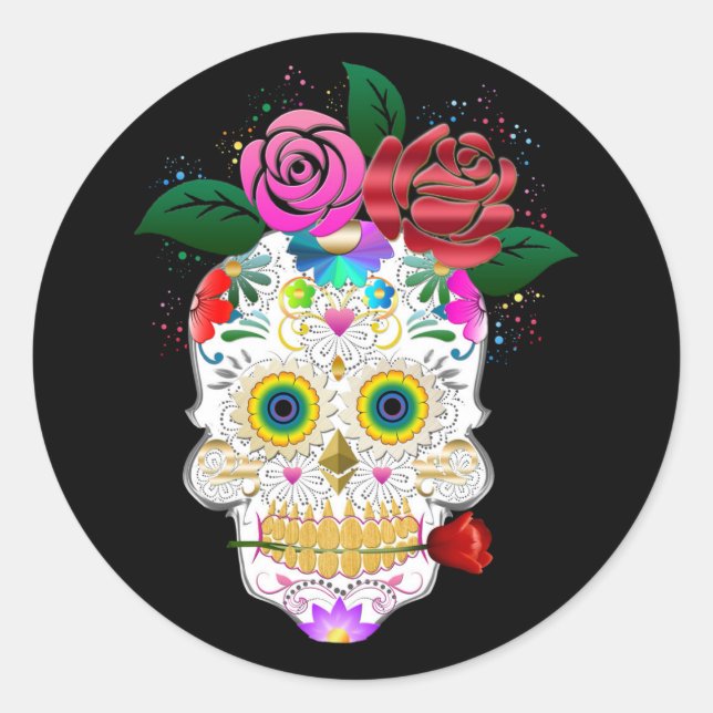 Halloween Floral Sugar Skull Classic Round Sticker (Vorderseite)