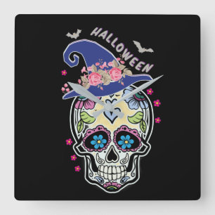 Halloween Flower Skull Quadratische Wanduhr