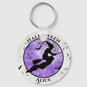Halloween Flying Black Witch Silhouette Purple Schlüsselanhänger