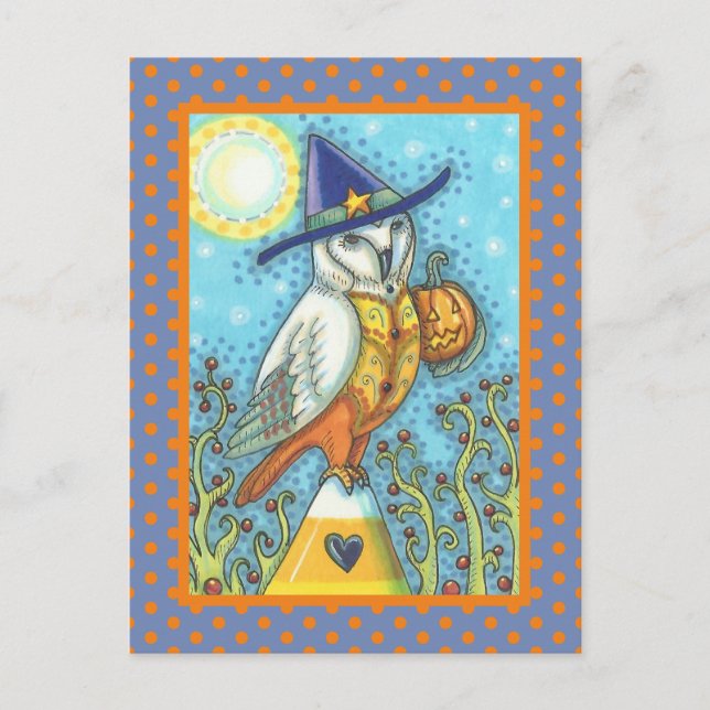 HALLOWEEN FOLK ART BARN OWL & CANDY CORN POSTKARTE (Vorderseite)
