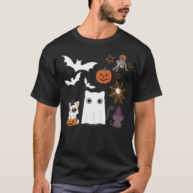 halloween for Cat Cute Kitten Skeleton Ghost Funny T-Shirt (Vorderseite)