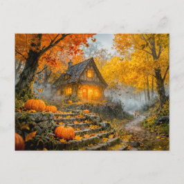 Halloween Forest Cottage with Pumpkins, Stone Path Postkarte