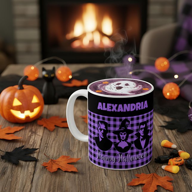 Halloween Frankenstein Hexe Vampir Lila Kariert Kaffeetasse (Von Creator hochgeladen)