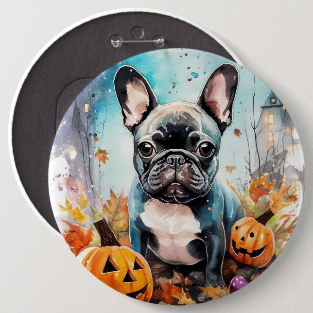 Halloween French Bulldog mit Pumpkins Beängstigend Button (Vorne & Hinten)