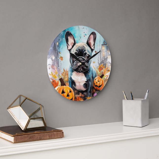 Halloween French Bulldog mit Pumpkins Beängstigend Große Wanduhr (Büro)