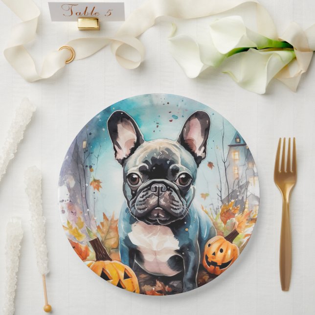 Halloween French Bulldog mit Pumpkins Beängstigend Pappteller (Hochzeit)