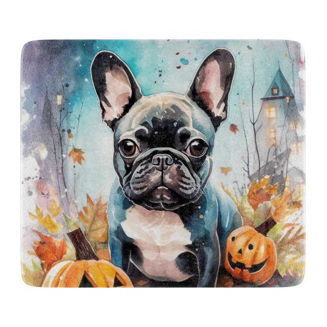 Halloween French Bulldog mit Pumpkins Beängstigend Schneidebrett (Vorderseite)