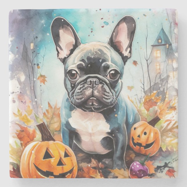 Halloween French Bulldog mit Pumpkins Beängstigend Steinuntersetzer (Vorderseite)