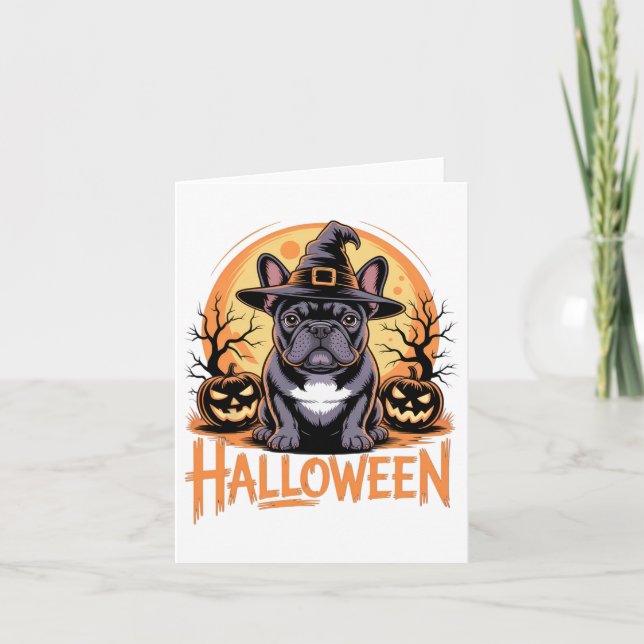Halloween French Bulldog Outfit mit Hexenhut und Karte (Vorderseite)