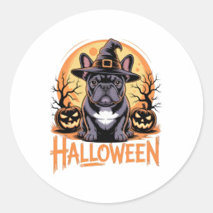 Halloween French Bulldog Outfit mit Hexenhut und Runder Aufkleber