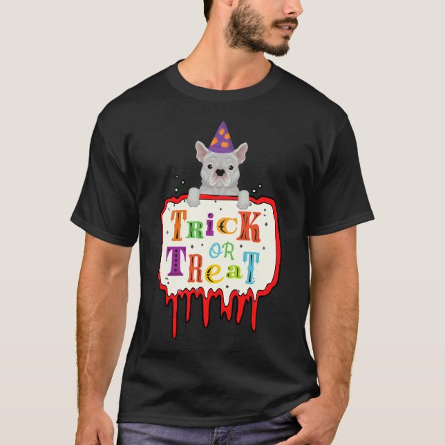 Halloween French Bulldog-Trick oder -Behandlung T-Shirt (Vorderseite)