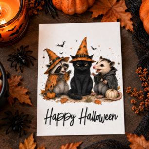 Halloween-Freunde Cat Opossum und Waschbär Postkarte