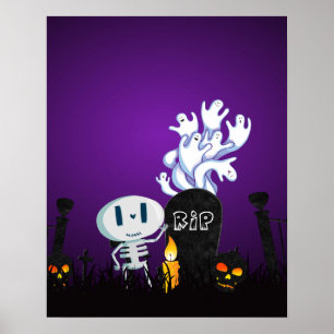Halloween-Friedhof Gruseliger Süßer Skelett- und G Poster
