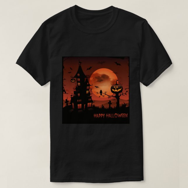 Halloween-Friedhofsszenenkürbis schlägt Mond T-Shirt (Design vorne)