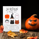 Halloween Friends Modern Boy Birthday Party<br><div class="desc">Dieses moderne Design zeigt den Namen des Geburtstagsjungen in großen Hauptstädte in einem meiner liebsten dekorativen Schriftart, unterhalb, erscheint sein Alter in niedlicher Schriftzeichen-Typografie. Unter der Karte befinden sich 6 Halloween-Freunde: ein Kürbis, ein Vampir, ein Hexenhut, eine schwarze Katze, ein Geist und ein Werwolf! Sie sind alle in einem schlicht...</div>