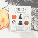Halloween Friends Modern Boy Birthday Party<br><div class="desc">Dieses moderne Design zeigt den Namen des Geburtstagsjungen in großen Hauptstädte in einem meiner liebsten dekorativen Schriftart, unterhalb, erscheint sein Alter in niedlicher Schriftzeichen-Typografie. Unter der Karte befinden sich 6 Halloween-Freunde: ein Kürbis, ein Vampir, ein Hexenhut, eine schwarze Katze, ein Geist und ein Werwolf! Sie sind alle in einem schlicht...</div>