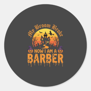 Halloween-Friseur-Hexe-Besen-Zerbrochenes Spukhaus Runder Aufkleber