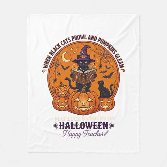 Halloween Froher Lehrer Schwarze Katze Hexenhut Kü Fleecedecke (Vorderseite)