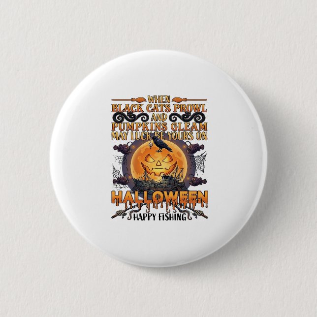 Halloween Fröhliches Fischen Schwarze Katzen Kürbi Button (Vorderseite)