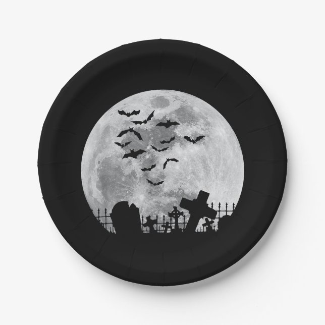 Halloween Full Moon Friedhof Graveyard Spooky Bats Pappteller (Vorderseite)