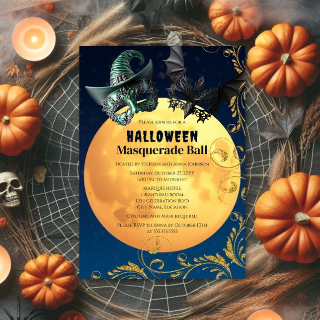 Halloween Full Moon Masquerade Ball Einladung (Halloween masquerade ball invitation with blue bokeh background and full moon.  Front of invite.)