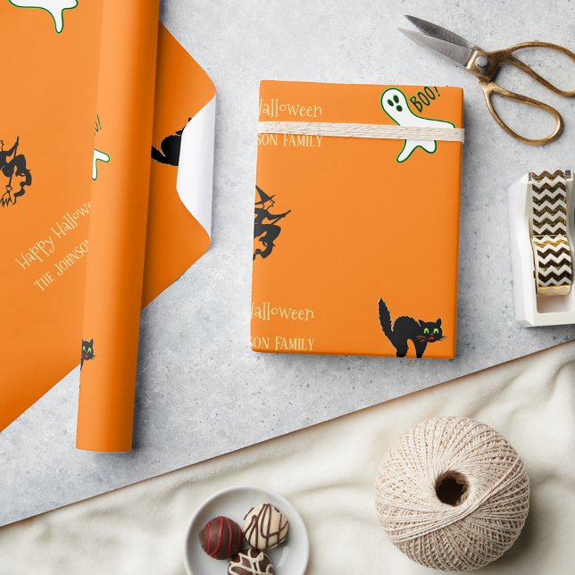 Halloween Fun Spooky Cat Ghost Hexe Benutzerdefini Geschenkpapier (Halloween Fun Spooky Cat Ghost Witch Custom Text Wrapping Paper)