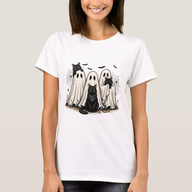 Halloween Fun T - Shirt - Geist und Schwarze Katze (Vorderseite)
