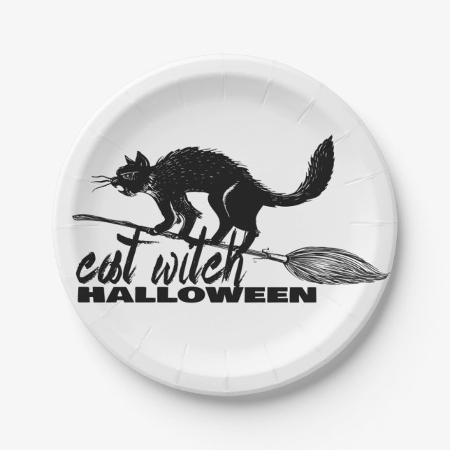 Halloween Funny Cat Hexe auf Broomstick Pappteller (Vorderseite)
